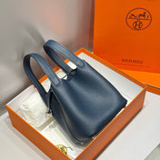 HERMES 25S PICOTIN LOCK 18 IN NAVY BLUE CALFSKIN SILVER HARDWARE