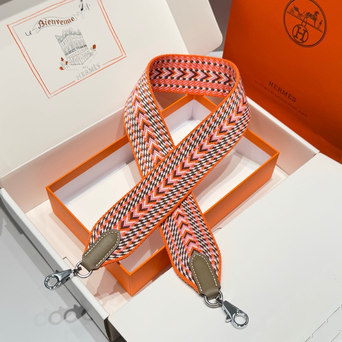 25S HERMES BAG STRAP ORANGE PATTERN 85 IN CANVAS SILVER HARDWARE