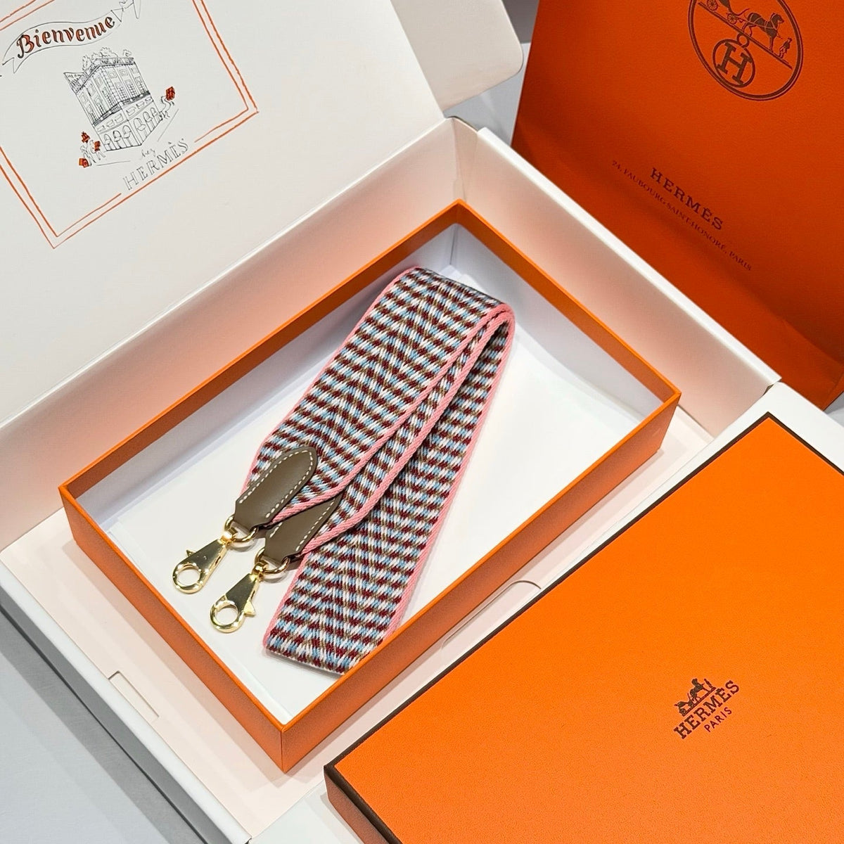 25S HERMES BAG STRAP GREEN AND PINK PATTERN 85 IN CANVAS GOLD HARDWARE