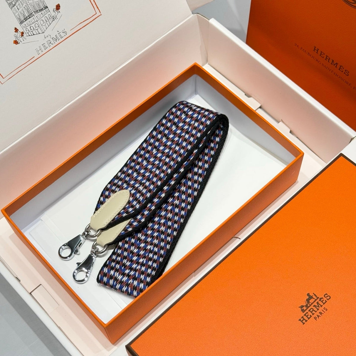 25S HERMES BAG STRAP MULTICOLOR 85 IN CANVAS SILVER HARDWARE