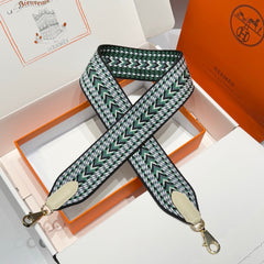 25S HERMES BAG STRAP BLACK AND GREEN PATTERN 85 IN CANVAS GOLD HARDWARE