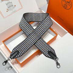 25S HERMES BAG STRAP BLUE PATTERN BORDERED BLACK 85 IN CANVAS SILVER HARDWARE