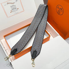 25S HERMES BAG STRAP BLUE PATTERN BORDERED BLACK 85 IN CANVAS GOLD HARDWARE