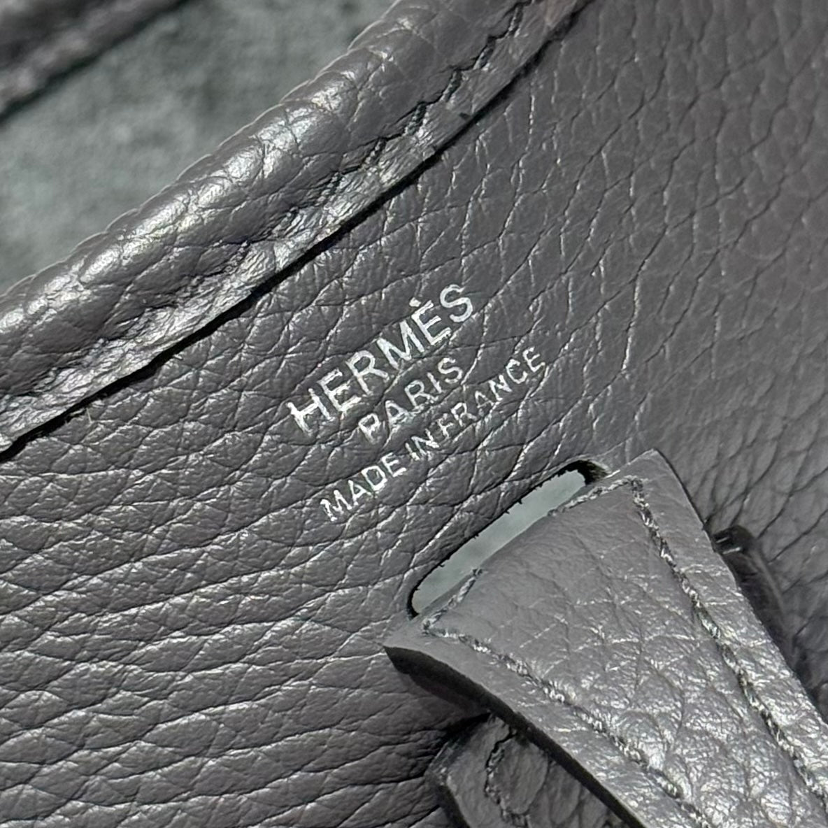 HERMES 25S MINI EVELYNE 18 IN CHARCOAL GRAY PATTERNED STRAP CALFSKIN SILVER HARDWARE