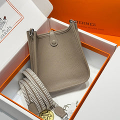 HERMES 25S MINI EVELYNE 18 IN ETOUPE EPSOM PATTERNED STRAP CALFSKIN SILVER HARDWARE