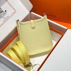 HERMES 25S MINI EVELYNE 18 IN MILTON YELLOW PATTERNED STRAP CALFSKIN SILVER HARDWARE