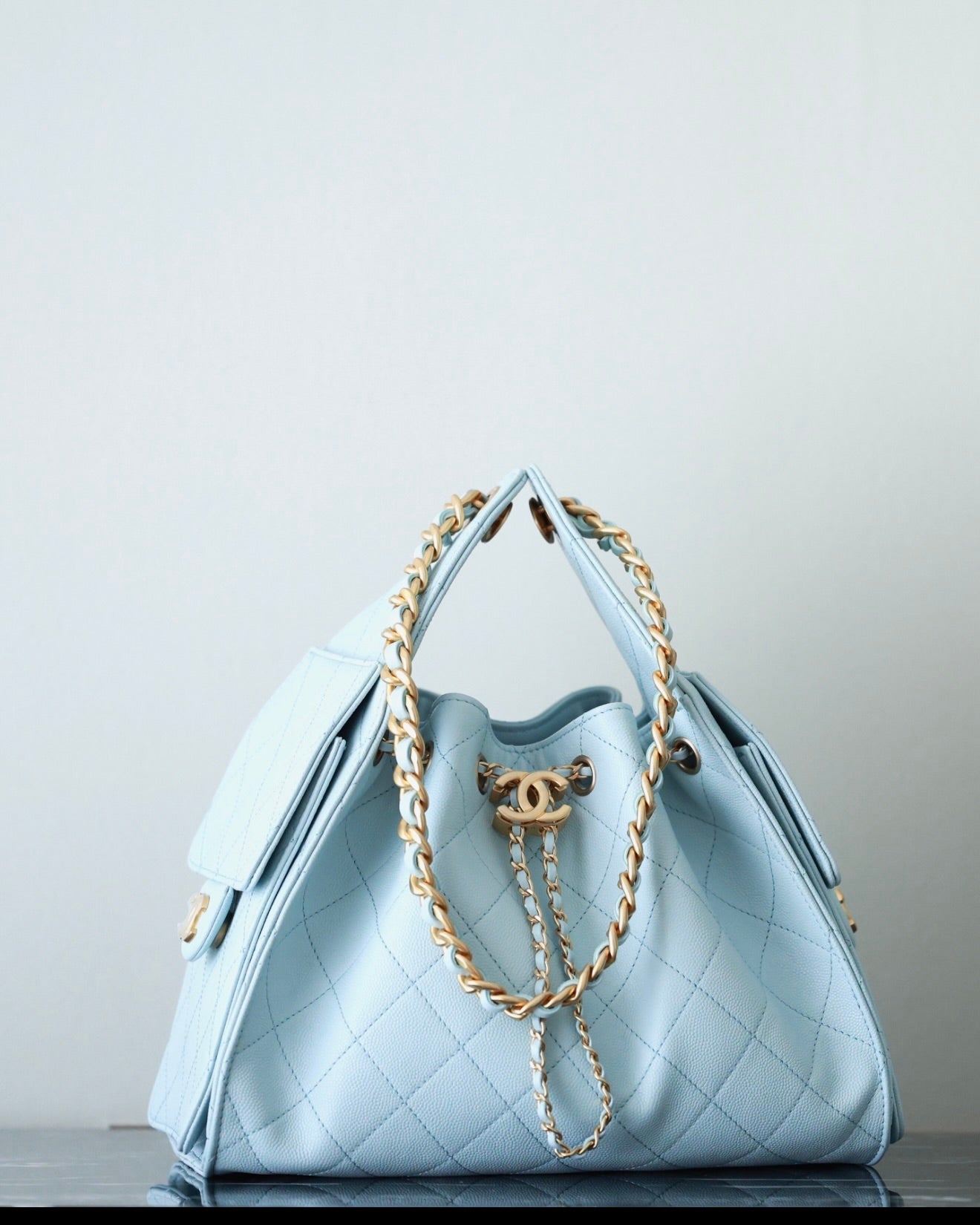CHANEL 25S HOBO BAG 30 CM IN PASTEL BLUE LAMBSKIN WITH GOLD HARDWARE