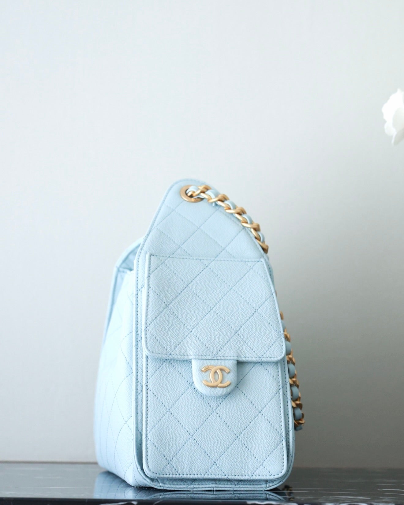CHANEL 25S HOBO BAG 30 CM IN PASTEL BLUE LAMBSKIN WITH GOLD HARDWARE