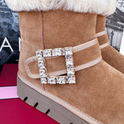 VIV' WINTER FUR STRASS BUCKLE ANKLE BOOTS IN TAN BROWN SUEDE