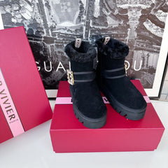 VIV' WINTER FUR STRASS BUCKLE ANKLE BOOTS IN BLACK SUEDE