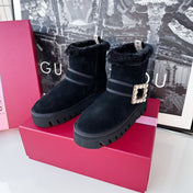 VIV' WINTER FUR STRASS BUCKLE ANKLE BOOTS IN BLACK SUEDE