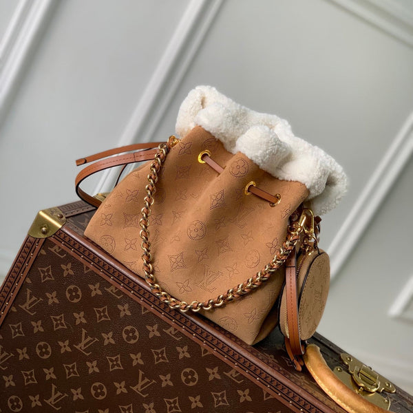 BELLA 22 IN CINNAMON BROWN MONOGRAM PERFORATED SUEDE AND WHITE SHEARLING TRIM