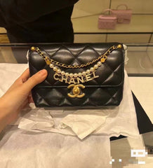 CC MINI 22 FLAP BAG IN BLACK CALFSKIN GOLD HARDWARE WITH PEARL CHAIN