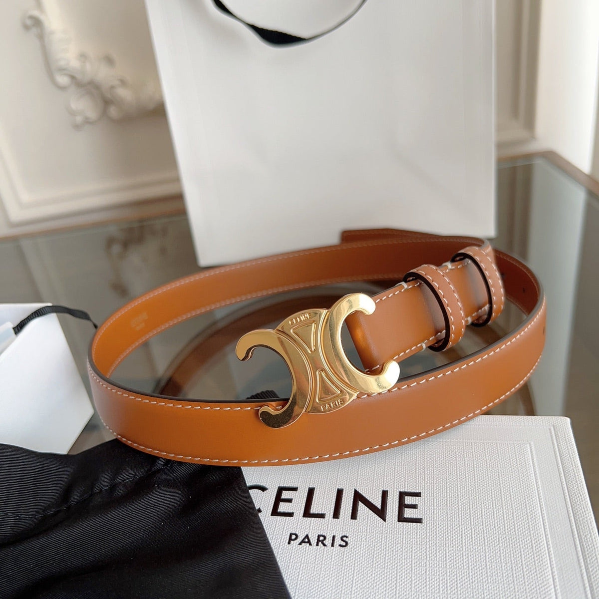 TRIOMPHE BELT 24MM IN BRONZE BROWN CALFSKIN WITH GOLD BUCKLE