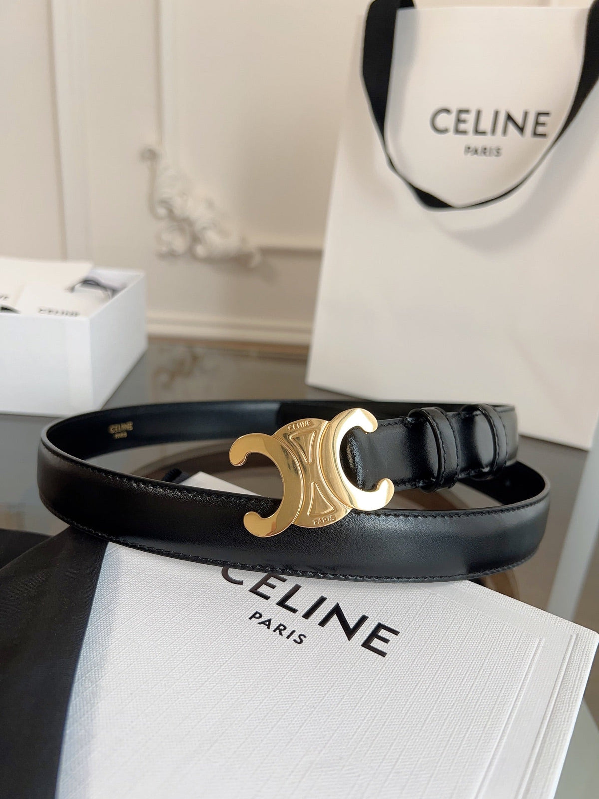 TRIOMPHE BELT 24MM IN GLOSSY BLACK CALFSKIN WITH GOLD BUCKLE