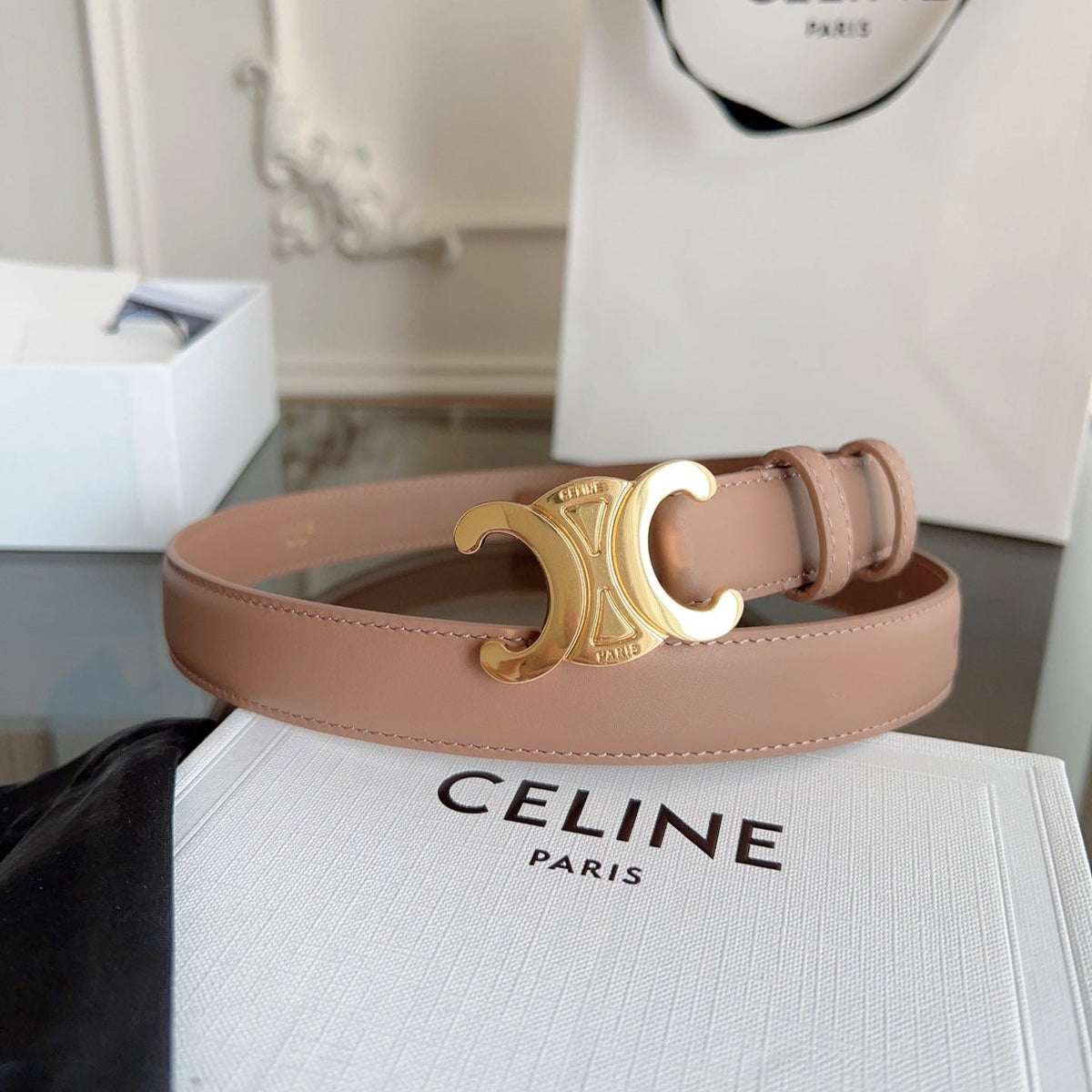 TRIOMPHE BELT 24MM IN BEAVER BROWN CALFSKIN WITH GOLD BUCKLE