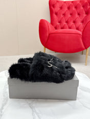 BALENCIAGA 25S SOFT FUR SLIPPERS IN BLACK FUR WITH RHINESTONE BOW