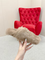 BALENCIAGA 25S SOFT FUR SLIPPERS IN LIGHT BROWN FUR WITH RHINESTONE BOW