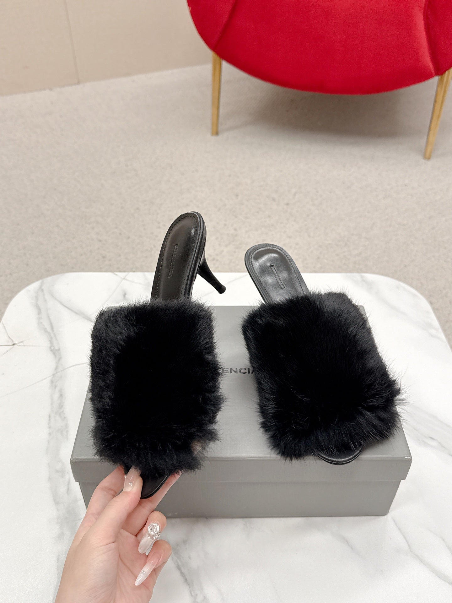 BALENCIAGA 25S HIGH HEEL SANDALS 65 MM IN BLACK LAMBSKIN AND FUR