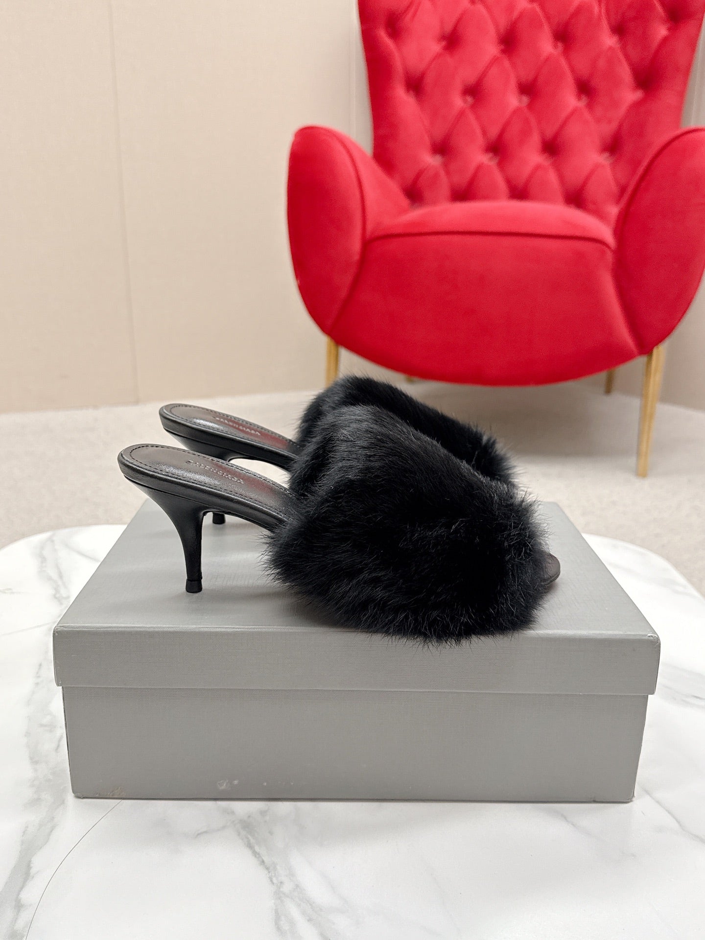 BALENCIAGA 25S HIGH HEEL SANDALS 65 MM IN BLACK LAMBSKIN AND FUR