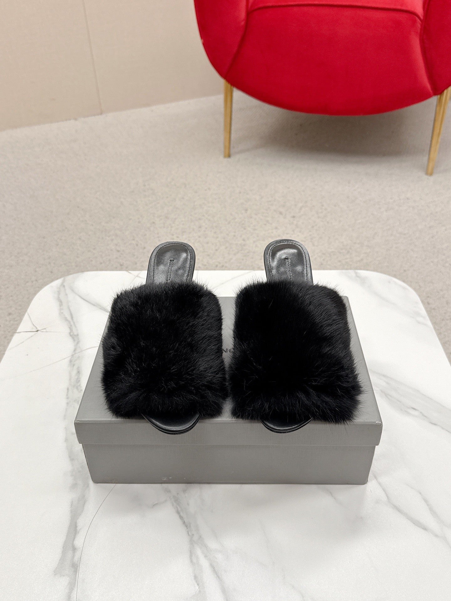 BALENCIAGA 25S HIGH HEEL SANDALS 65 MM IN BLACK LAMBSKIN AND FUR