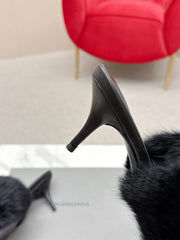 BALENCIAGA 25S HIGH HEEL SANDALS 65 MM IN BLACK LAMBSKIN AND FUR
