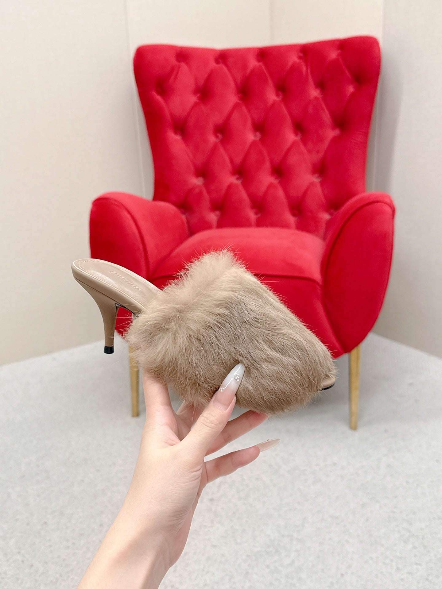 BALENCIAGA 25S HIGH HEEL SANDALS 65 MM IN LIGHT BROWN LAMBSKIN AND FUR