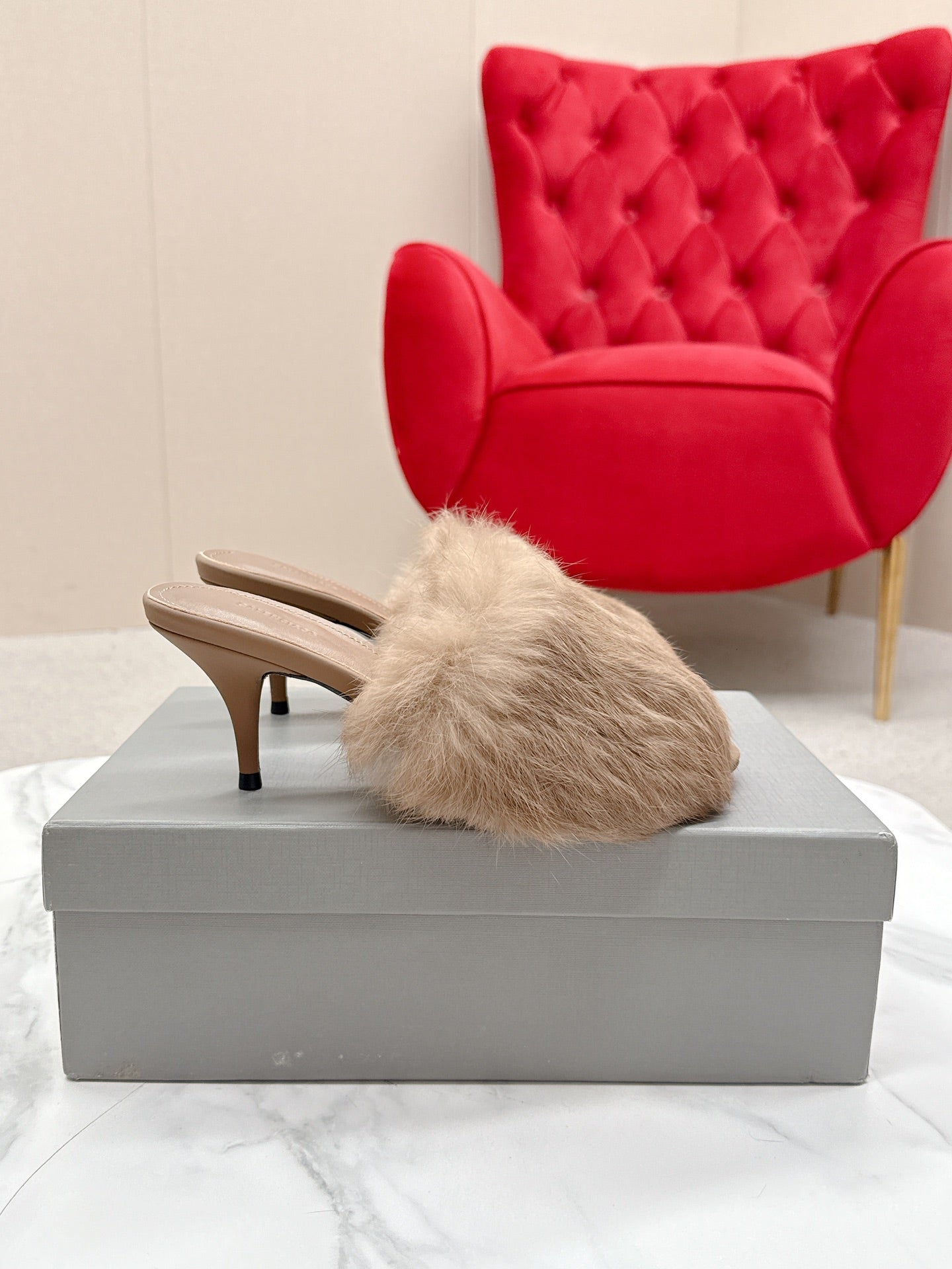 BALENCIAGA 25S HIGH HEEL SANDALS 65 MM IN LIGHT BROWN LAMBSKIN AND FUR