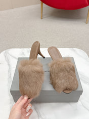 BALENCIAGA 25S HIGH HEEL SANDALS 65 MM IN LIGHT BROWN LAMBSKIN AND FUR