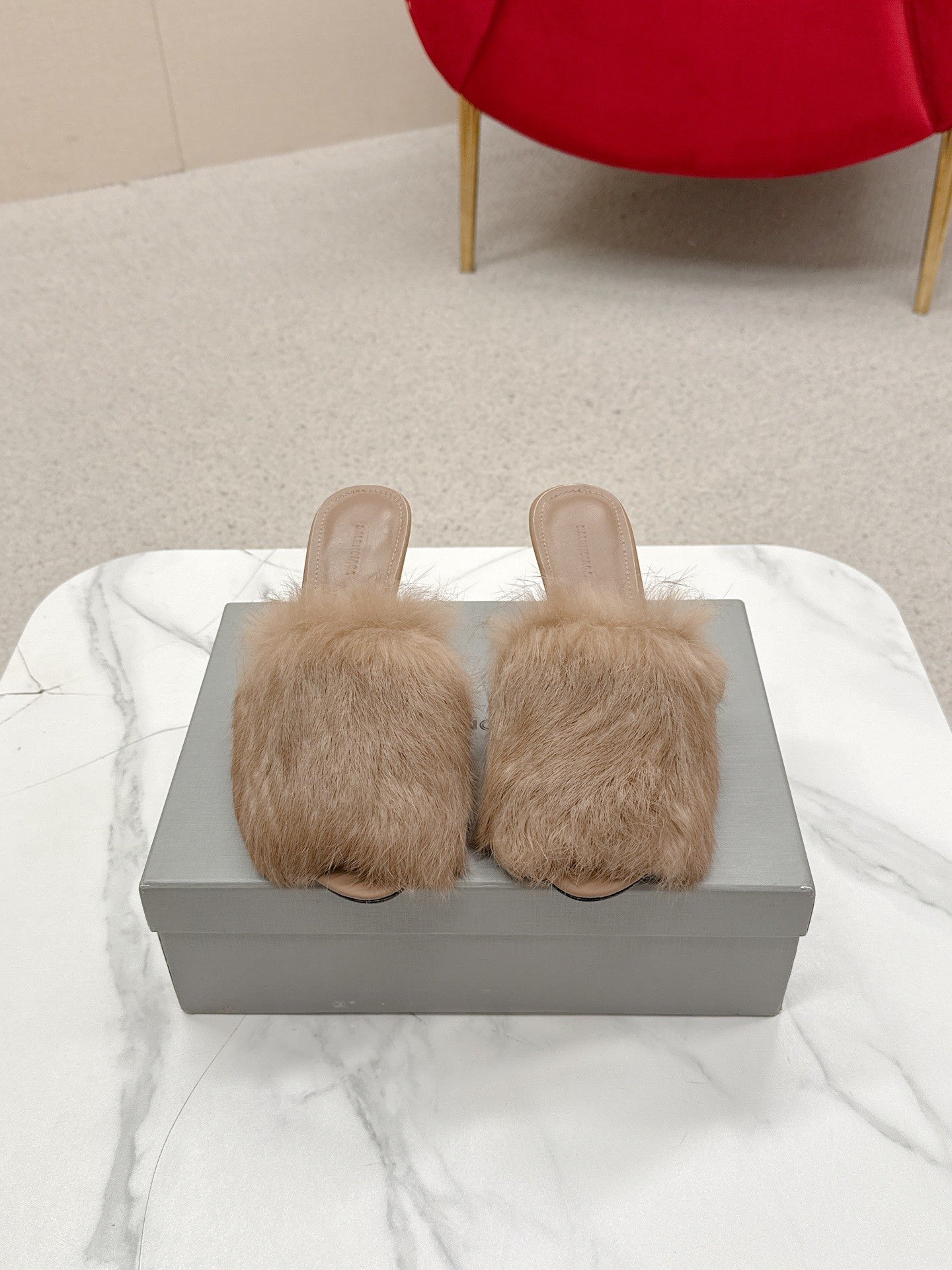 BALENCIAGA 25S HIGH HEEL SANDALS 65 MM IN LIGHT BROWN LAMBSKIN AND FUR