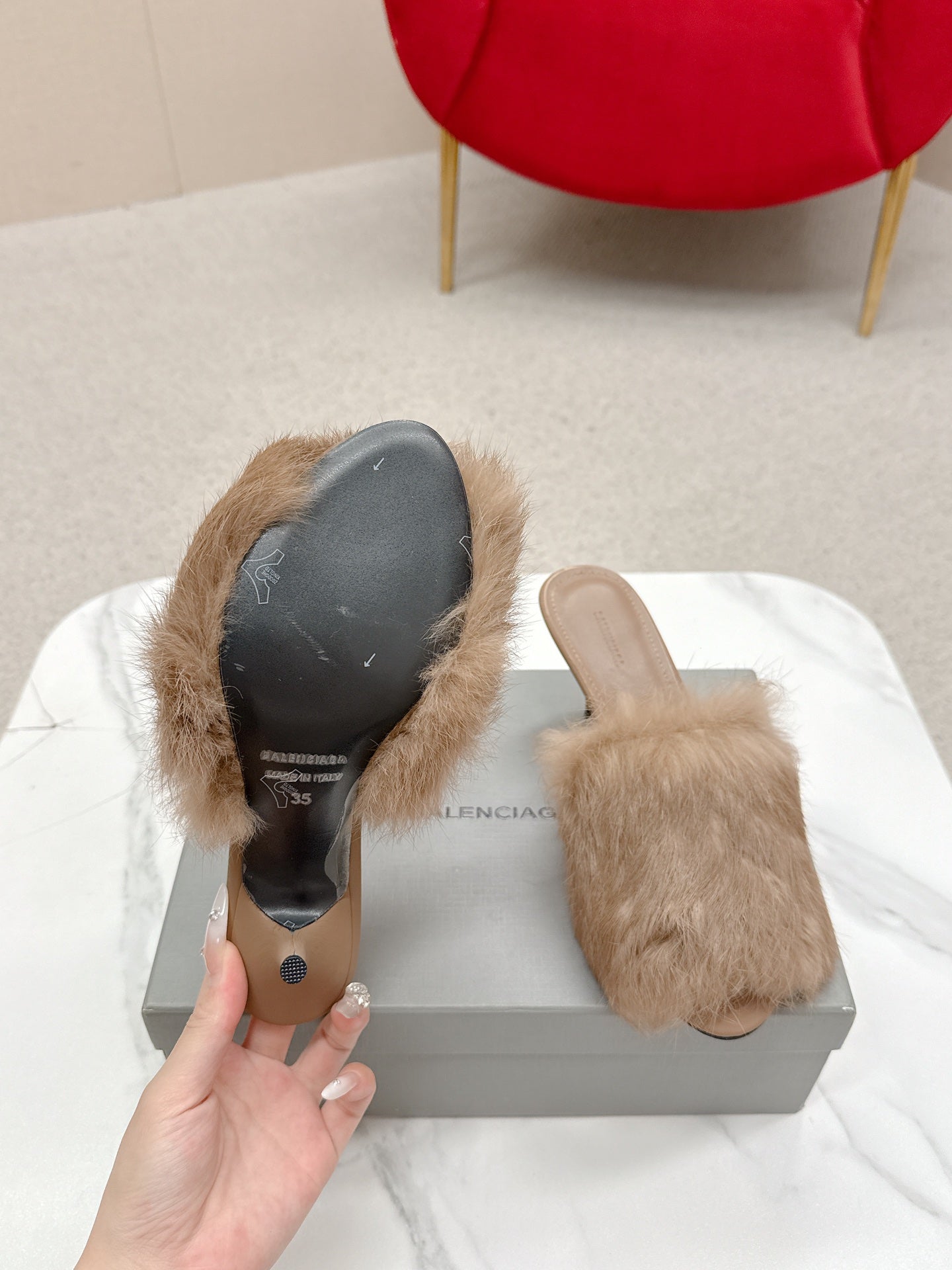 BALENCIAGA 25S HIGH HEEL SANDALS 65 MM IN LIGHT BROWN LAMBSKIN AND FUR