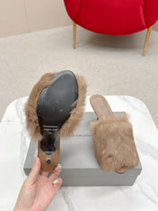 BALENCIAGA 25S HIGH HEEL SANDALS 65 MM IN LIGHT BROWN LAMBSKIN AND FUR