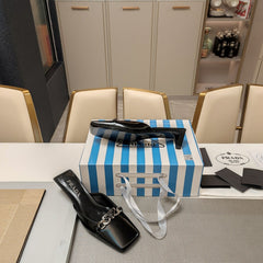 PRA SQUARE TOE MULES BLACK CALFSKIN WITH CHAIN