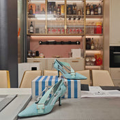 PRADA 26S POINTED-TOE HIGH-HEELED 70MM IN DUSTY TEAL BLUE SUEDE