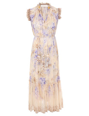 ZIMMER PLEATED V-NECK SLEEVELESS DRESS IN BEIGE MIX PURPLE