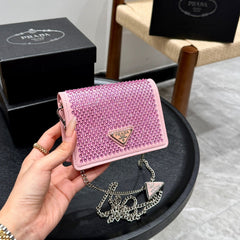 STUDDED CRYSTAL WALLET ON CHAIN 13 IN PINK CALFSKIN