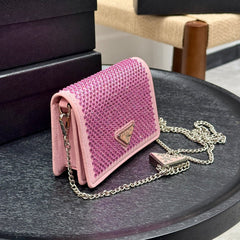 STUDDED CRYSTAL WALLET ON CHAIN 13 IN PINK CALFSKIN