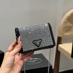 STUDDED CRYSTAL WALLET ON CHAIN 13 IN BLACK CALFSKIN