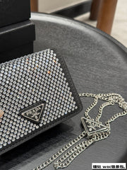 STUDDED CRYSTAL WALLET ON CHAIN 13 IN BLACK CALFSKIN