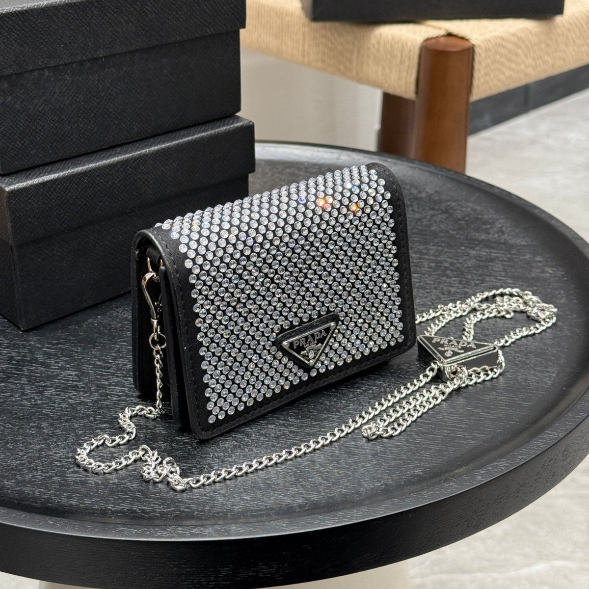 STUDDED CRYSTAL WALLET ON CHAIN 13 IN BLACK CALFSKIN