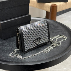 STUDDED CRYSTAL WALLET ON CHAIN 13 IN BLACK CALFSKIN
