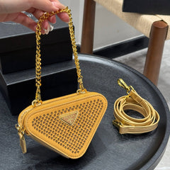STUDDED CRYSTAL TRIANGLE 15 SHOULDER BAG IN YELLOW CALFSKIN