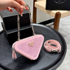 STUDDED CRYSTAL TRIANGLE 15 SHOULDER BAG IN PINK CALFSKIN