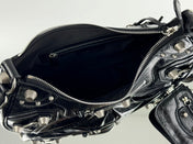 LE CAGOLE LARGE SHOULDER BAG 33 WITH RHINESTONES IN BLACK ARENA LAMBSKIN SILVER HARDWARE