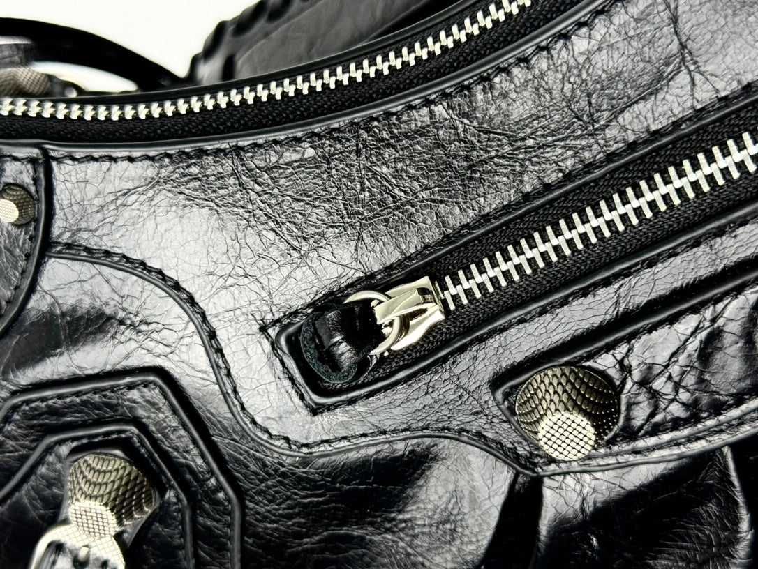 LE CAGOLE LARGE SHOULDER BAG 33 WITH RHINESTONES IN BLACK ARENA LAMBSKIN SILVER HARDWARE