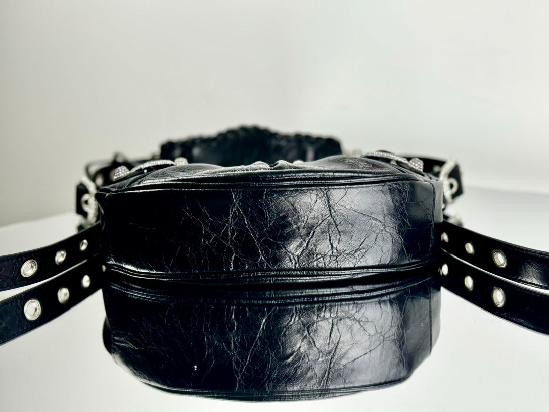 LE CAGOLE SMALL SHOULDER BAG 26 WITH RHINESTONES IN BLACK ARENA LAMBSKIN SILVER HARDWARE