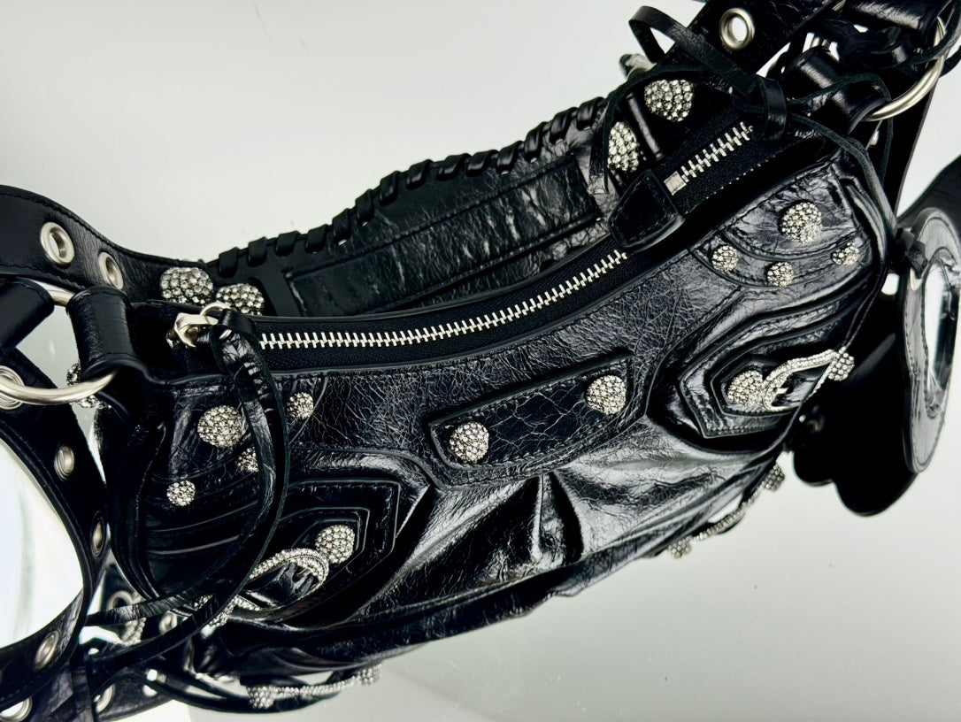 LE CAGOLE SMALL SHOULDER BAG 26 WITH RHINESTONES IN BLACK ARENA LAMBSKIN SILVER HARDWARE