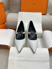 HM 26S MARY JANE POINTED TOE HEELS 40MM IN CREAM WHITE CALFSKIN KELLY BUCKLE