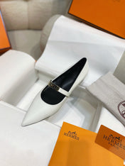 HM 26S KELLY BUCKLE MARY JANE POINTED FLATS IN CREAM WHITE CALFSKIN