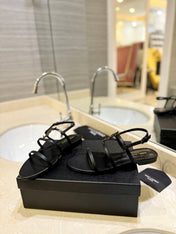 SL LOGO FLAT SANDALS BLACK CALFSKIN